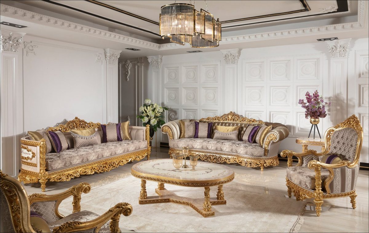Teak Palace Cream and Gold Carved Sofa Set, Sofa Set