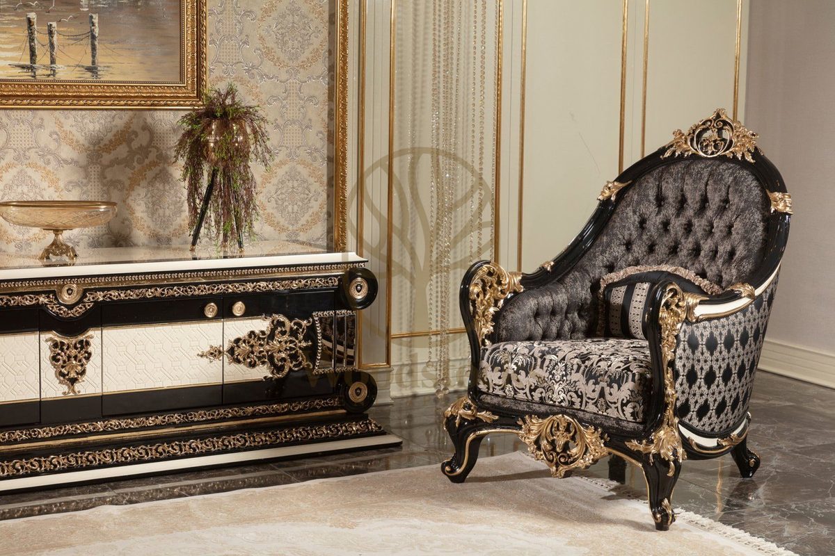 Teak Lyon Black and Gold Tufted Sofa Set, alternate view