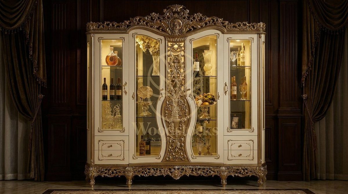 Teak Luxury Gold China Cabinet, Crockery Cabinet