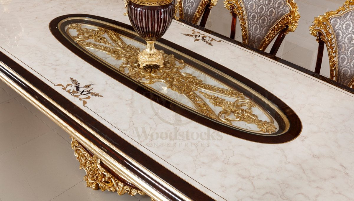 Royal Hunkar Gold Leaf Hand Carved Teak Dining Table Set II, Saharanpur, view 4