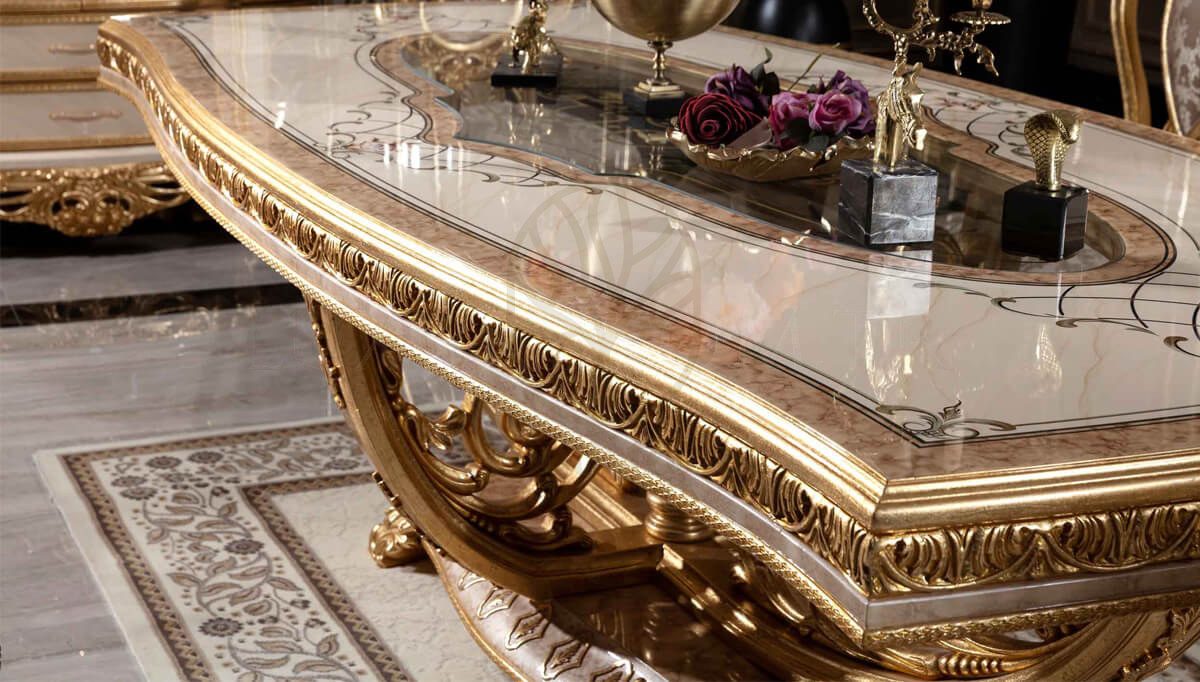 Royal Sultanahmet Gold Leaf Hand Carved Teak Dining Table Set, Saharanpur, view 3