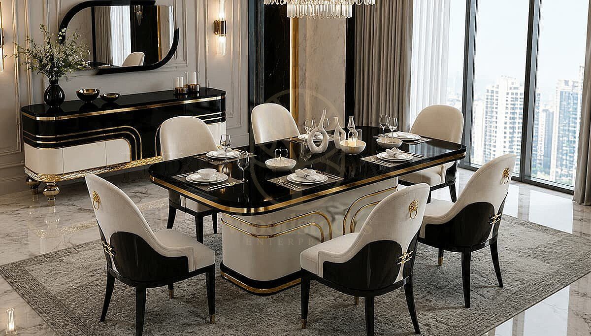 Luxury Montella White Black Handcrafted Teak Dining Table Set, Saharanpur, view 4