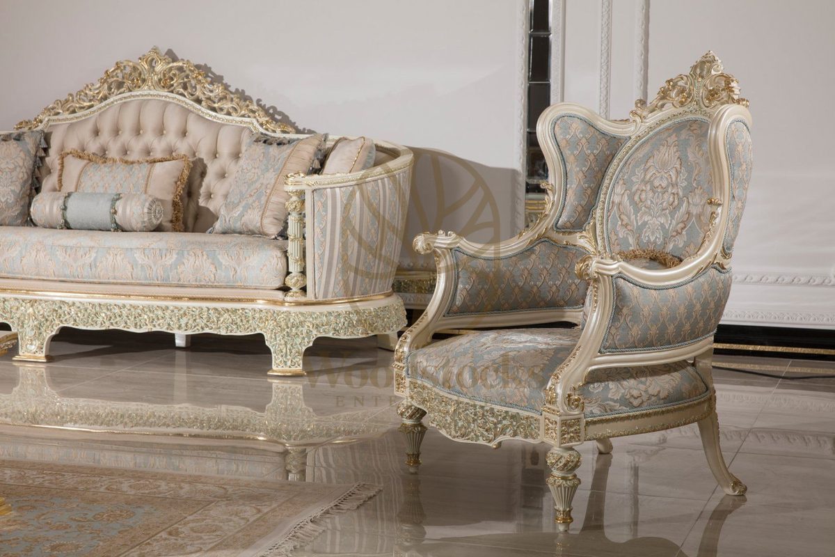 Teak Monaco Ivory and Powder Blue Sofa Set, alternate view
