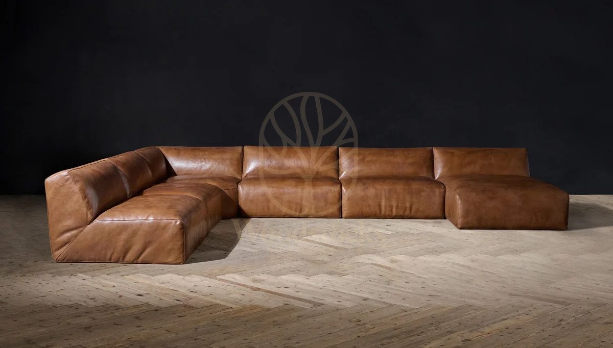 Royal Oxford Brown Chesterfield Hand Carved Teak L-Shape Sofa, Saharanpur, view 2
