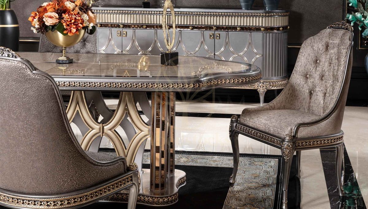 Royal Jersey Grey Hand Carved Teak Dining Table Set, Saharanpur, view 4