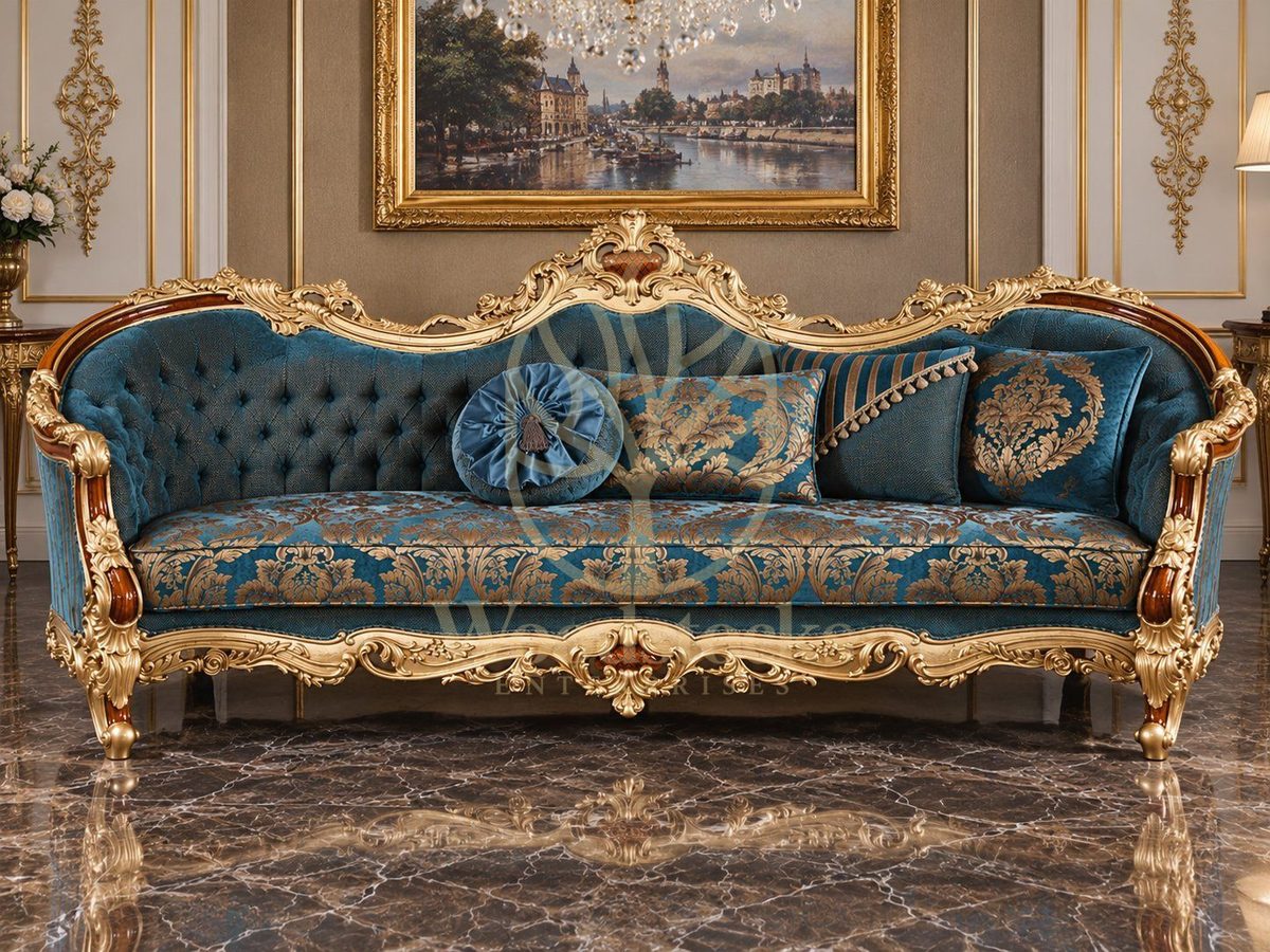 Luxury Turkish Baroque Carved Tufted Teak Sofa, Sofa Set
