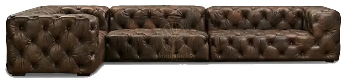 Royal Halifax Chesterfield Leather Hand Carved Teak L-Shape Sofa II, Saharanpur, view 2