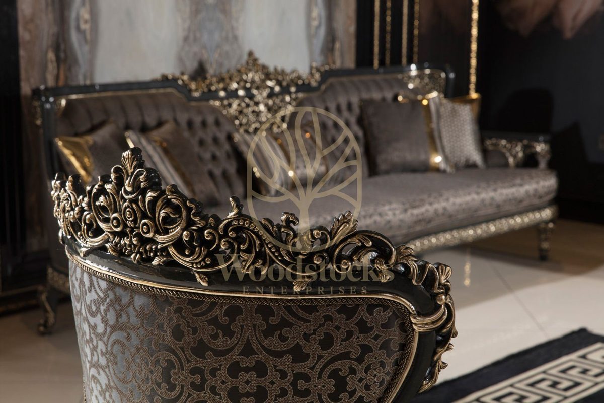 Teak Ornate Sage Green and Gold Sofa Set, view 5