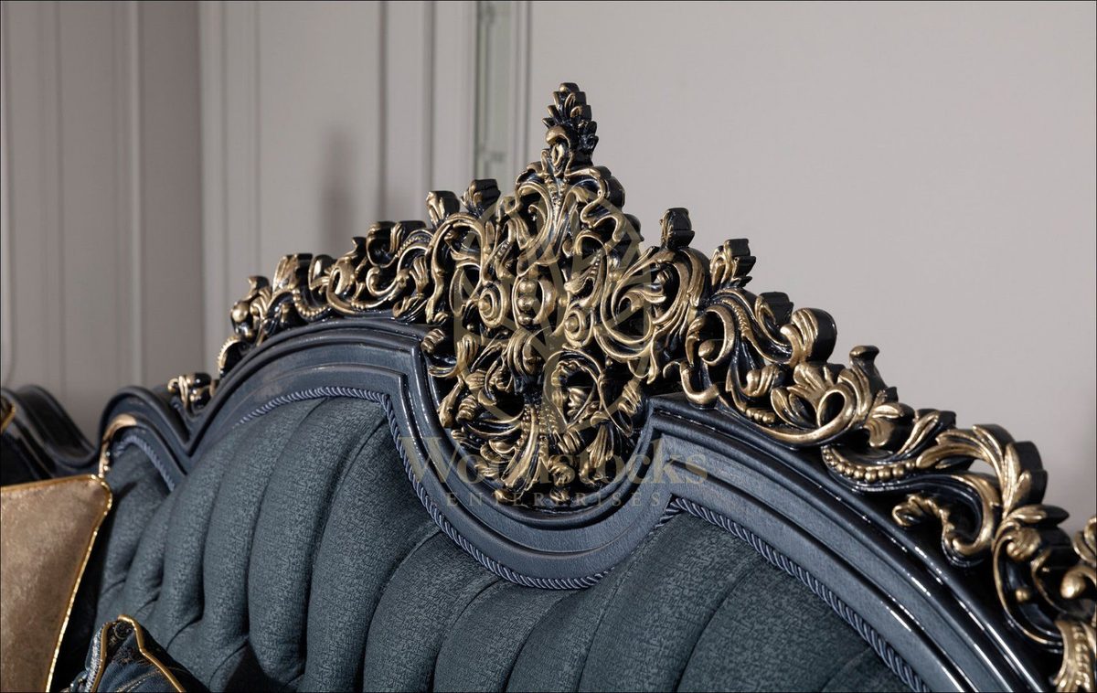 Teak Palace Blue and Silver Carved Sofa Set, view 7