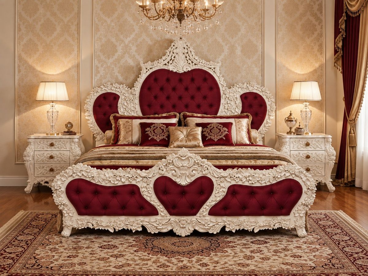 Teak Luxury Maharaja Carved Burgundy Velvet King Bed, King Size Bed