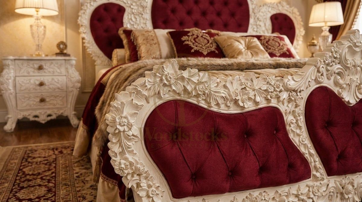 Teak Luxury Maharaja Carved Burgundy Velvet King Bed, view 3