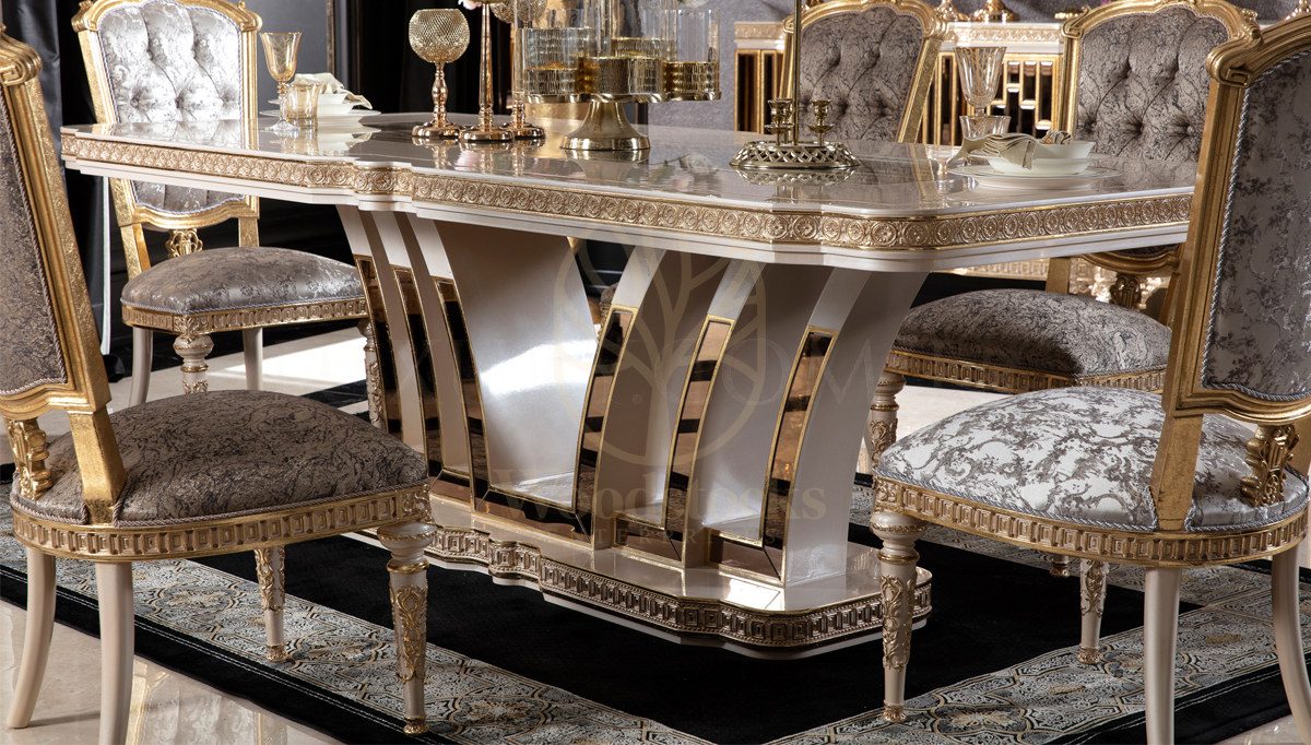 Royal Almatis Cream Hand Carved Teak Dining Table Set, Saharanpur, view 8