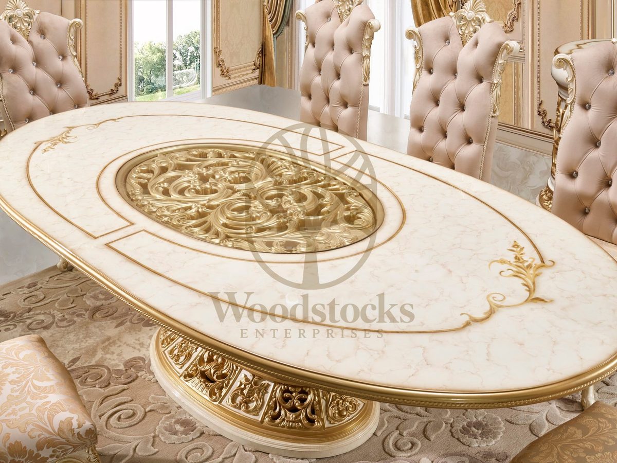 Teak Carved Cream Dining Table, view 3