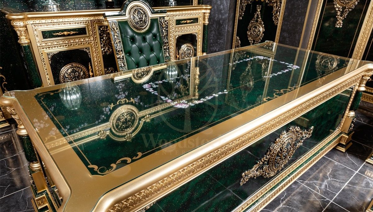 Royal Saheste Green Hand Carved Teak Office Table, Saharanpur, view 2