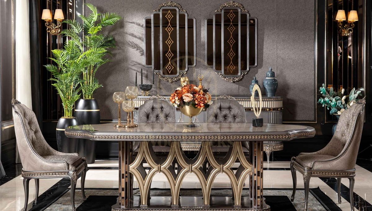 Royal Jersey Grey Hand Carved Teak Dining Table Set, Saharanpur, view 2