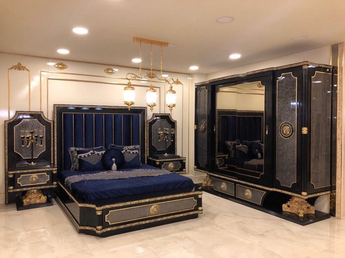 Teak Roma Navy and Gold 4-Piece King Size Bed, King Size Bed