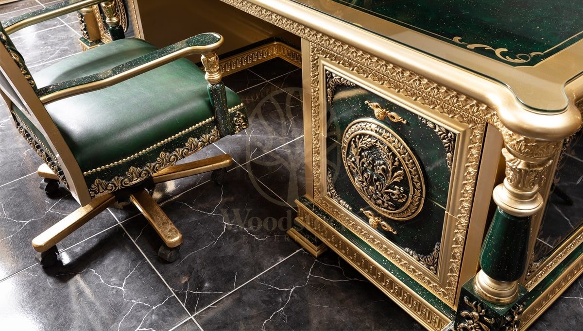 Royal Saheste Green Hand Carved Teak Office Table, Saharanpur, view 10