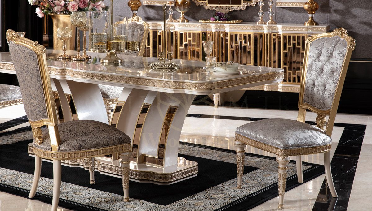 Royal Almatis Cream Hand Carved Teak Dining Table Set, Saharanpur, view 3