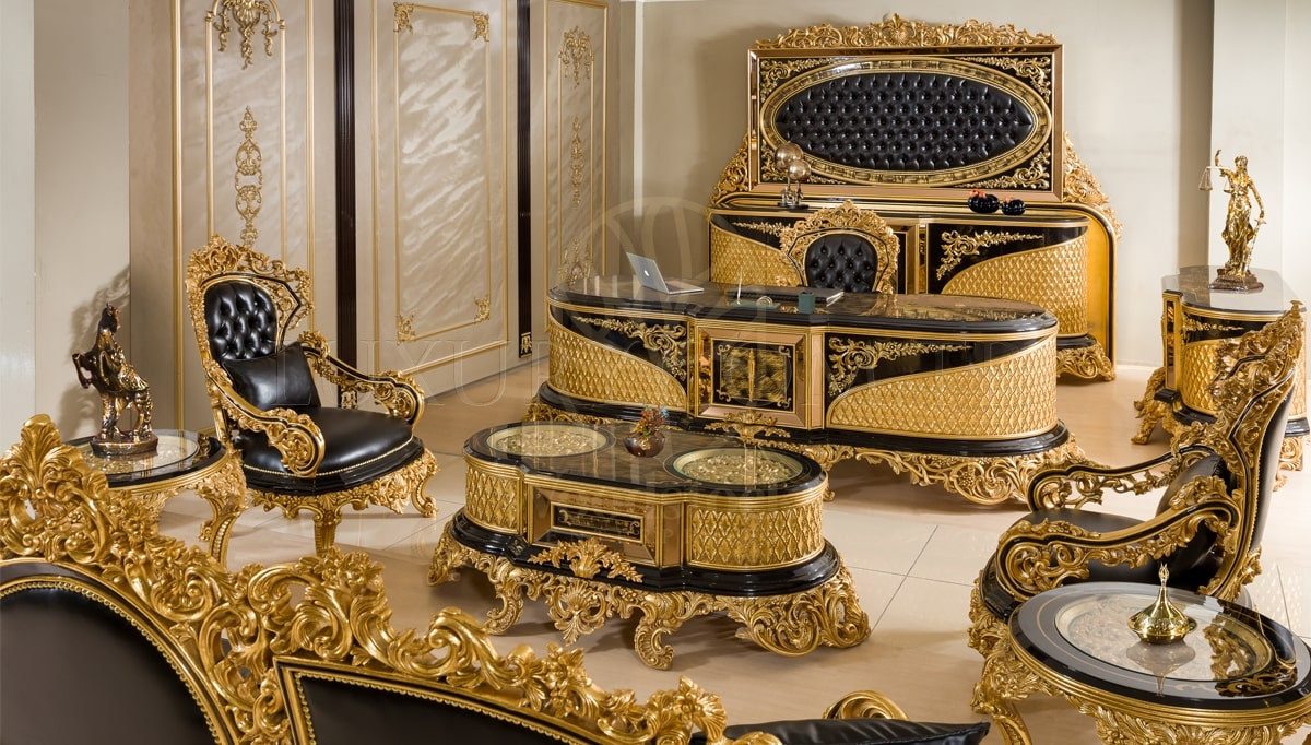 Royal Hazar Gold Leaf Hand Carved Teak Office Table, Saharanpur, Office & Study Table