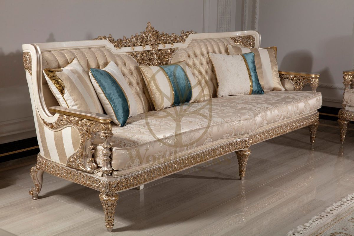 Teak Ornate Cream and Gold Throne Sofa Set, view 6