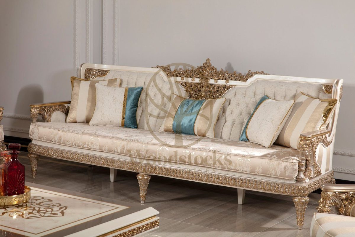 Teak Ornate Cream and Gold Throne Sofa Set, view 5