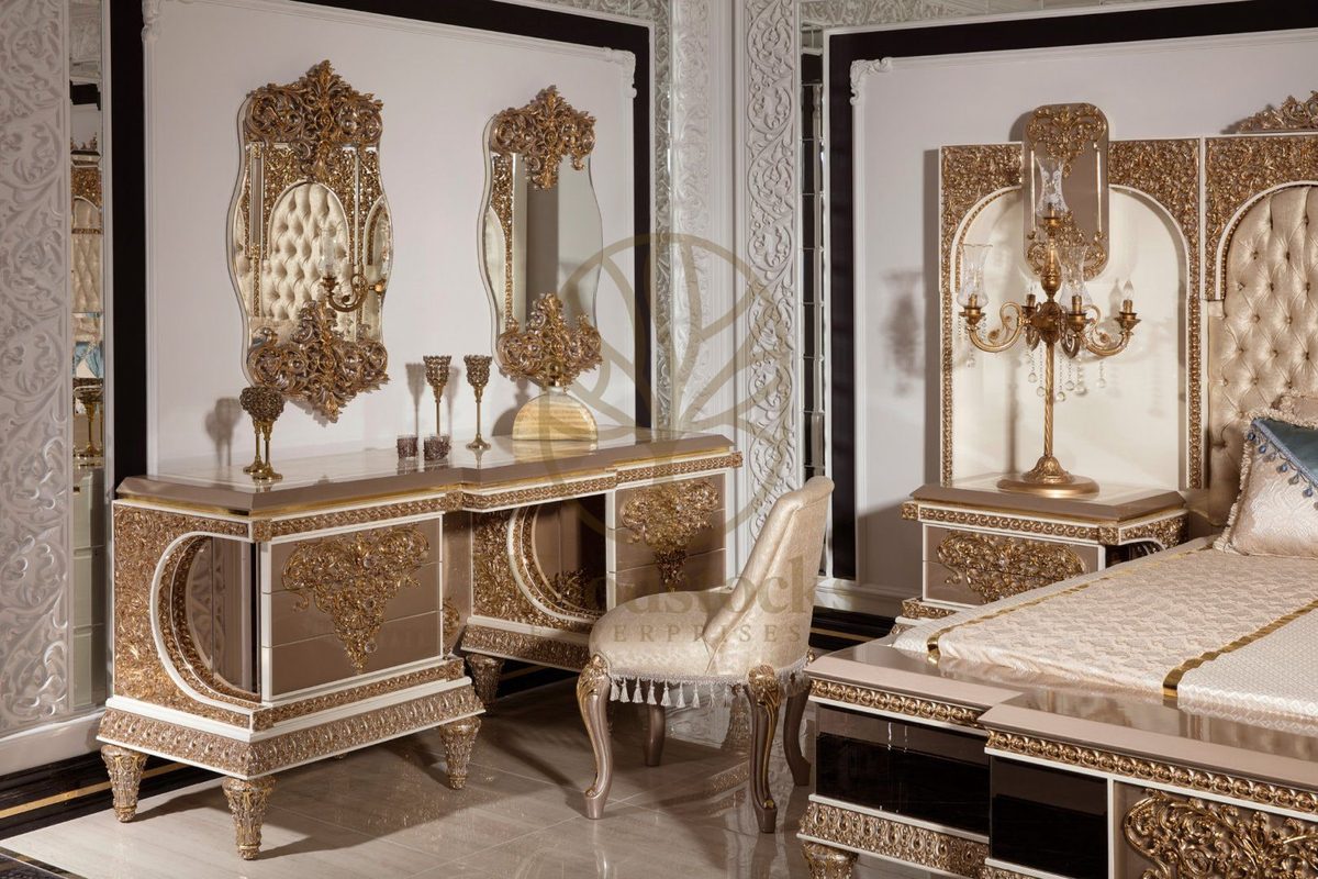 Teak Ornate Cream and Gold 4-Piece King Size Bed, view 13