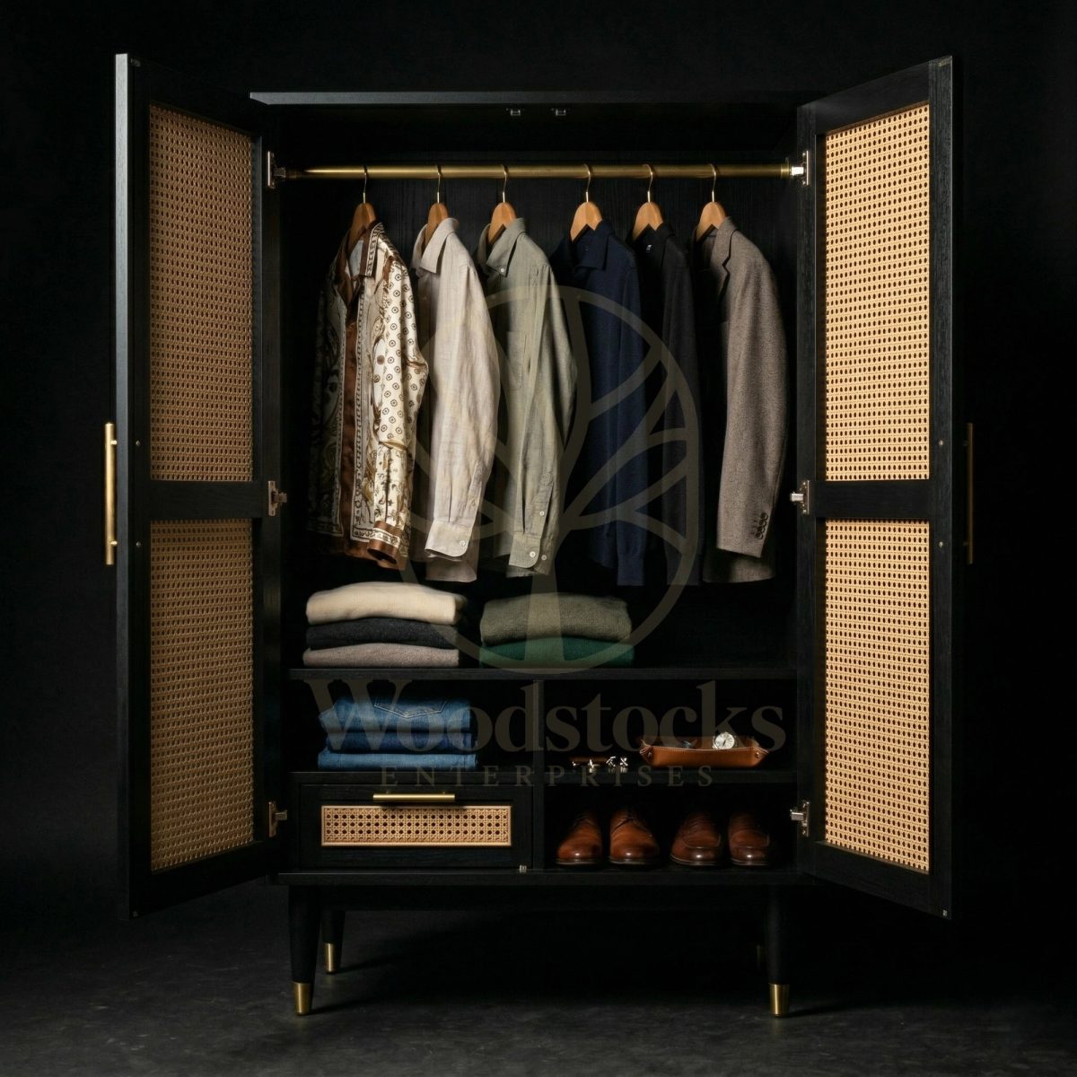 Luxury Teak Lucerne Mid-Century Cane Armoire, Saharanpur, alternate view