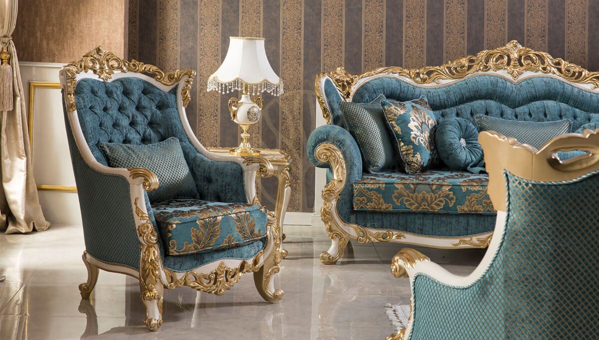Royal Mecidiye Gold Leaf Hand Carved Teak Sofa Set, Saharanpur, view 4