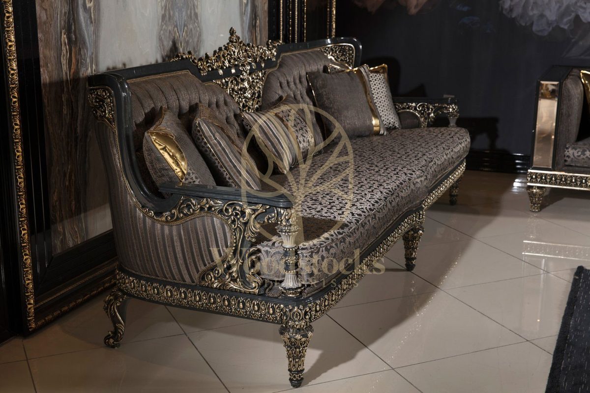 Teak Ornate Sage Green and Gold Sofa Set, view 3
