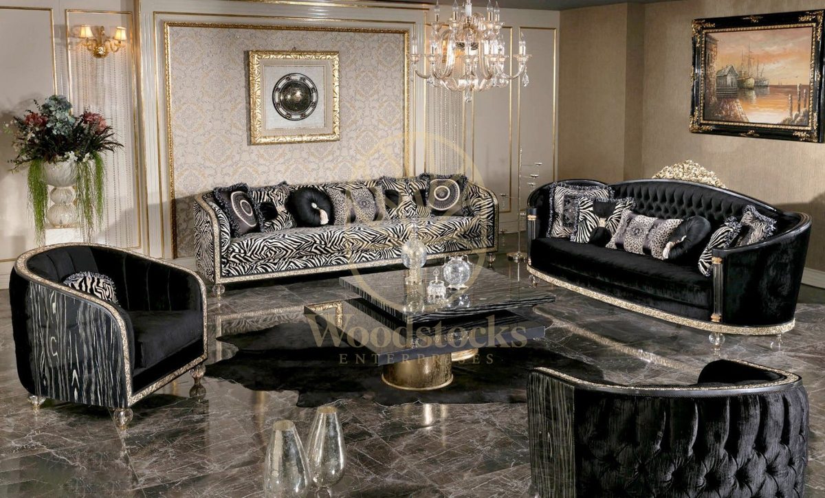 Teak Sarina Black and Silver Tufted Sofa Set, Sofa Set