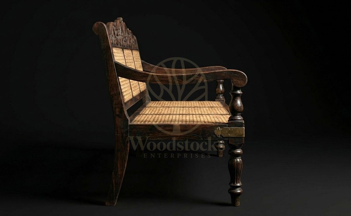 Hand Carved Teak Park Street Colonial Cane Settee, Saharanpur, view 3