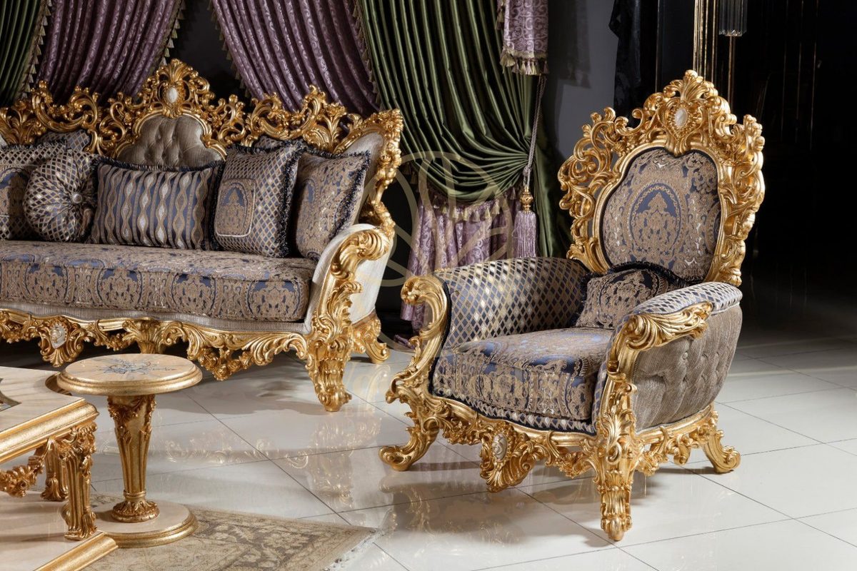Teak Grand Gold Leaf Baroque Sofa Set, alternate view
