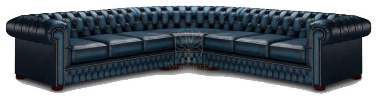 Royal Nirva Blue Chesterfield Hand Carved Teak L-Shape Sofa, Saharanpur, L Shape Sofa