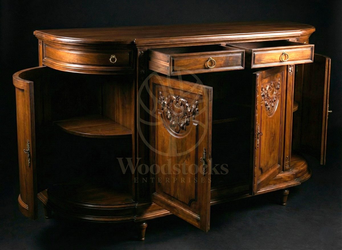 Royal Hand Carved Teak Versailles Laurel-Shell Banquet Sideboard, Saharanpur, view 3