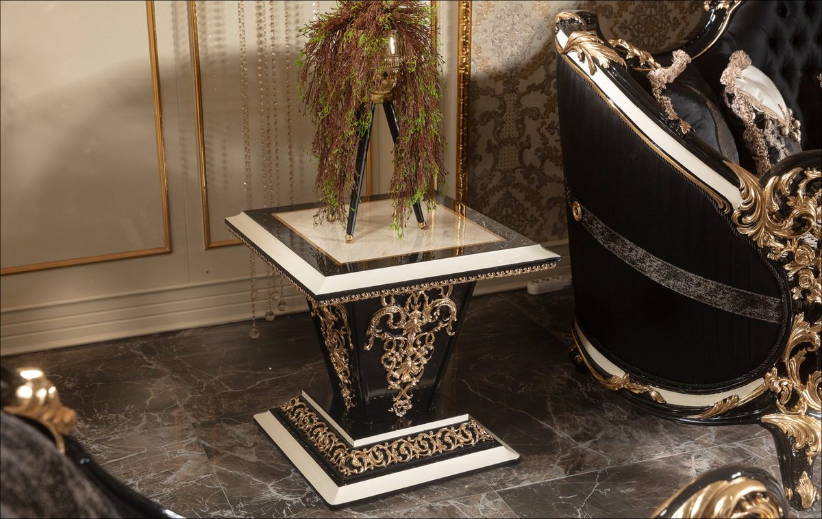 Teak Baroque Ivory and Black Square Center Table, Center Table