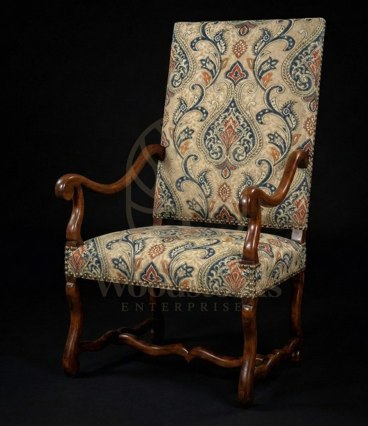 Royal Teak Loire Valley Damask-Woven Armchair, Saharanpur, view 3