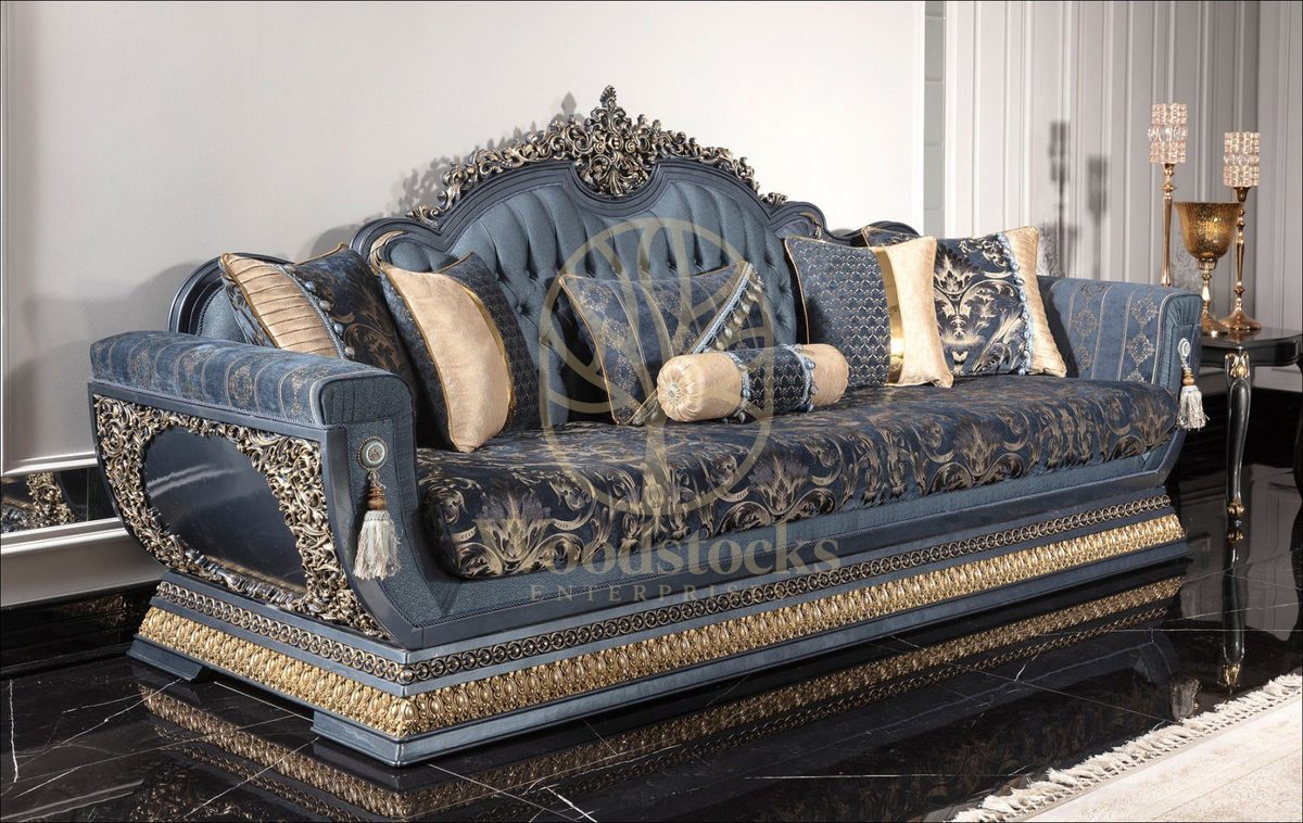 Teak Palace Blue and Silver Carved Sofa Set, view 10