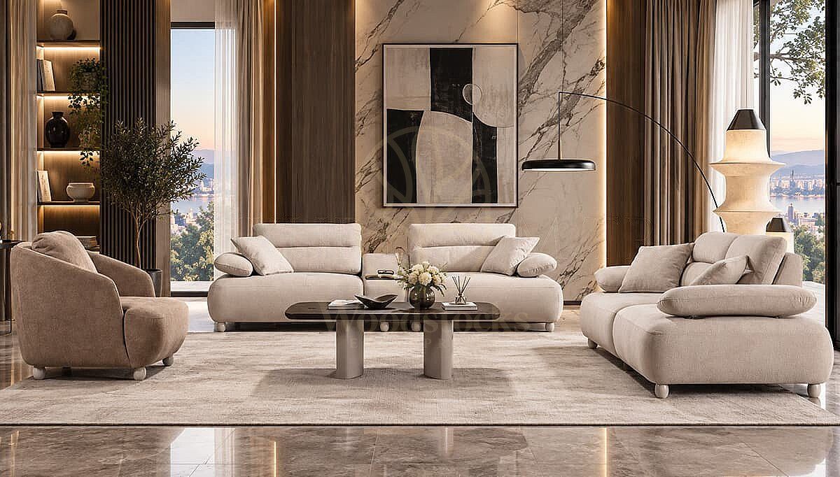 Luxury Norvella Beige Handcrafted Teak Sofa Set, Saharanpur, Sofa Set