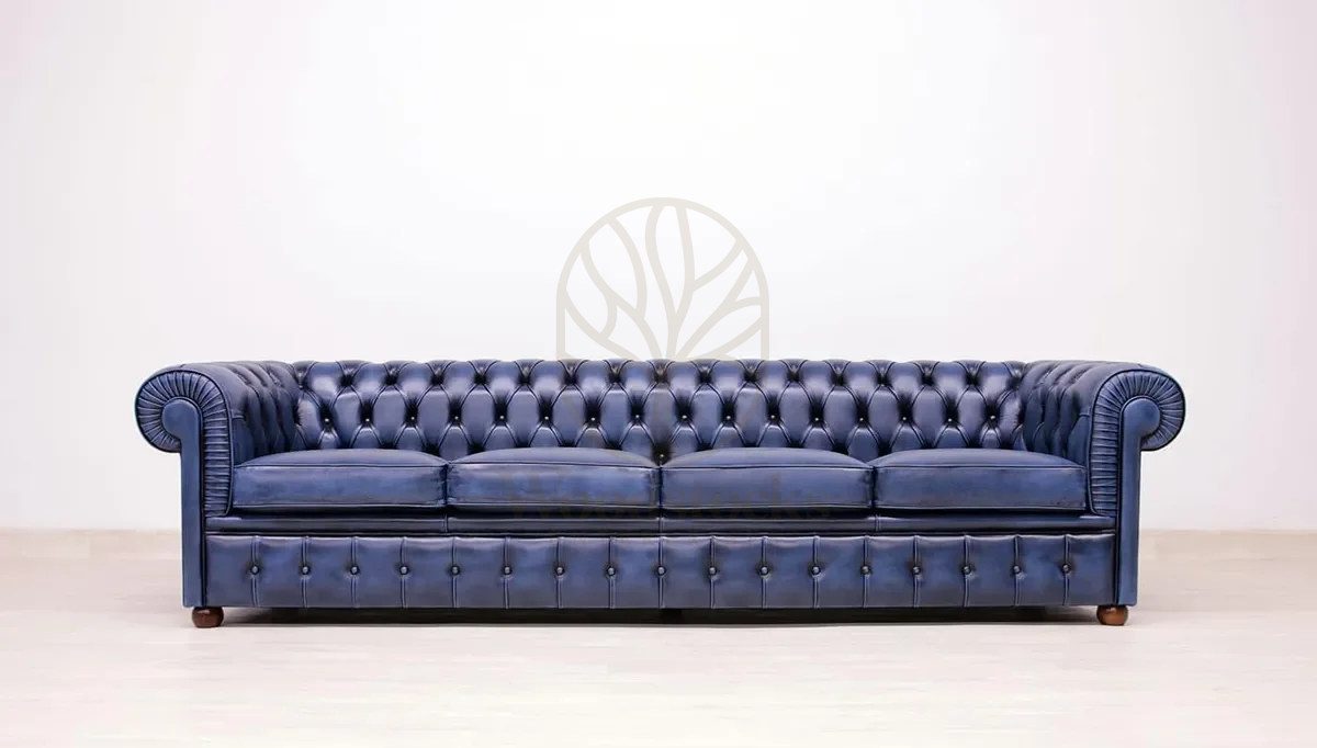 Royal Windsor Chesterfield Leather Hand Carved Teak Sofa Set, Saharanpur, Sofa Set
