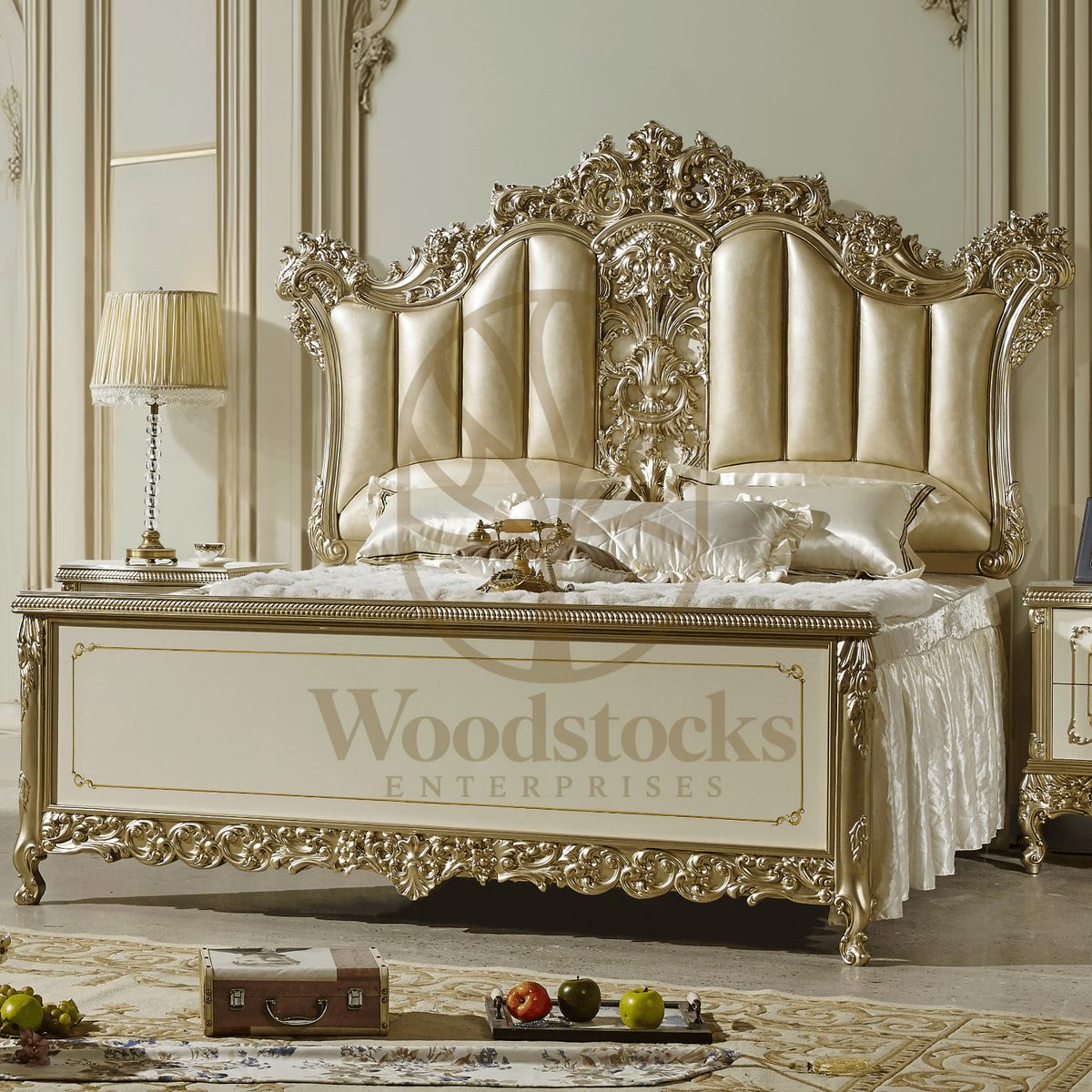 Teak Carved Cream 4-Piece King Size Bed, alternate view