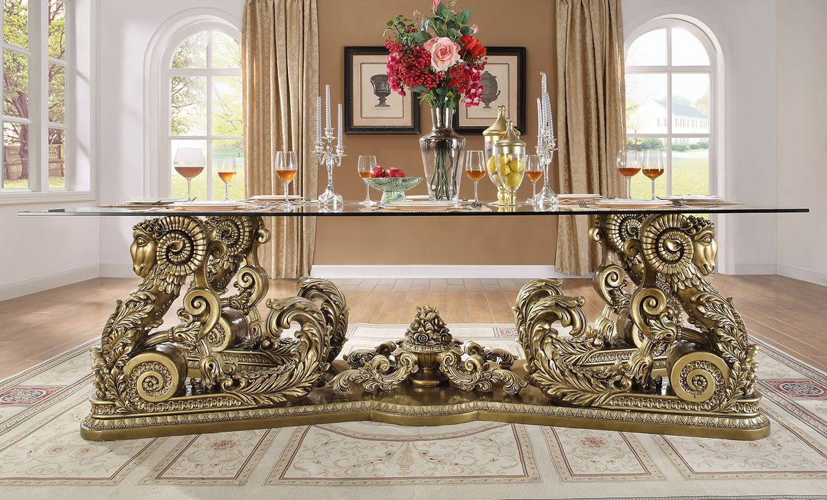 WSE High Quality Teak Wood Carved Bronze Dining Table, Dining Table