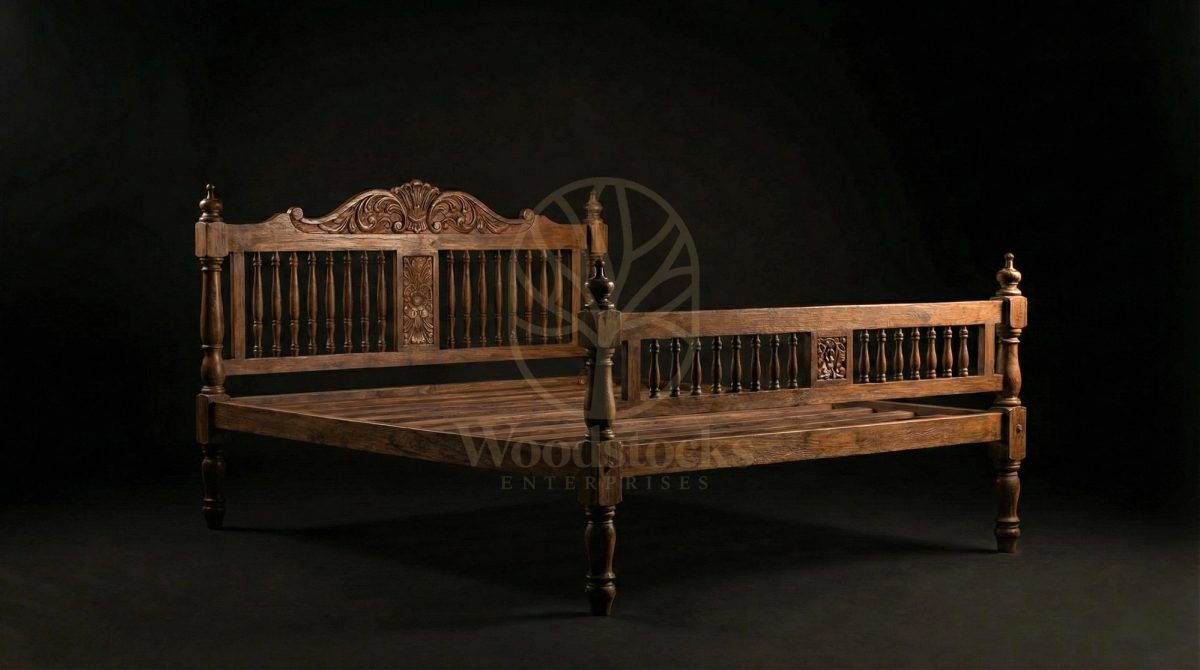 Hand Carved Teak Cantonment House Turned-Spindle Bedstead, Saharanpur, view 2