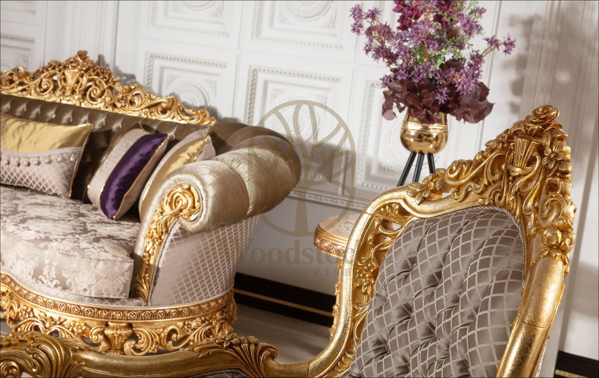 Teak Palace Cream and Gold Carved Sofa Set, view 4