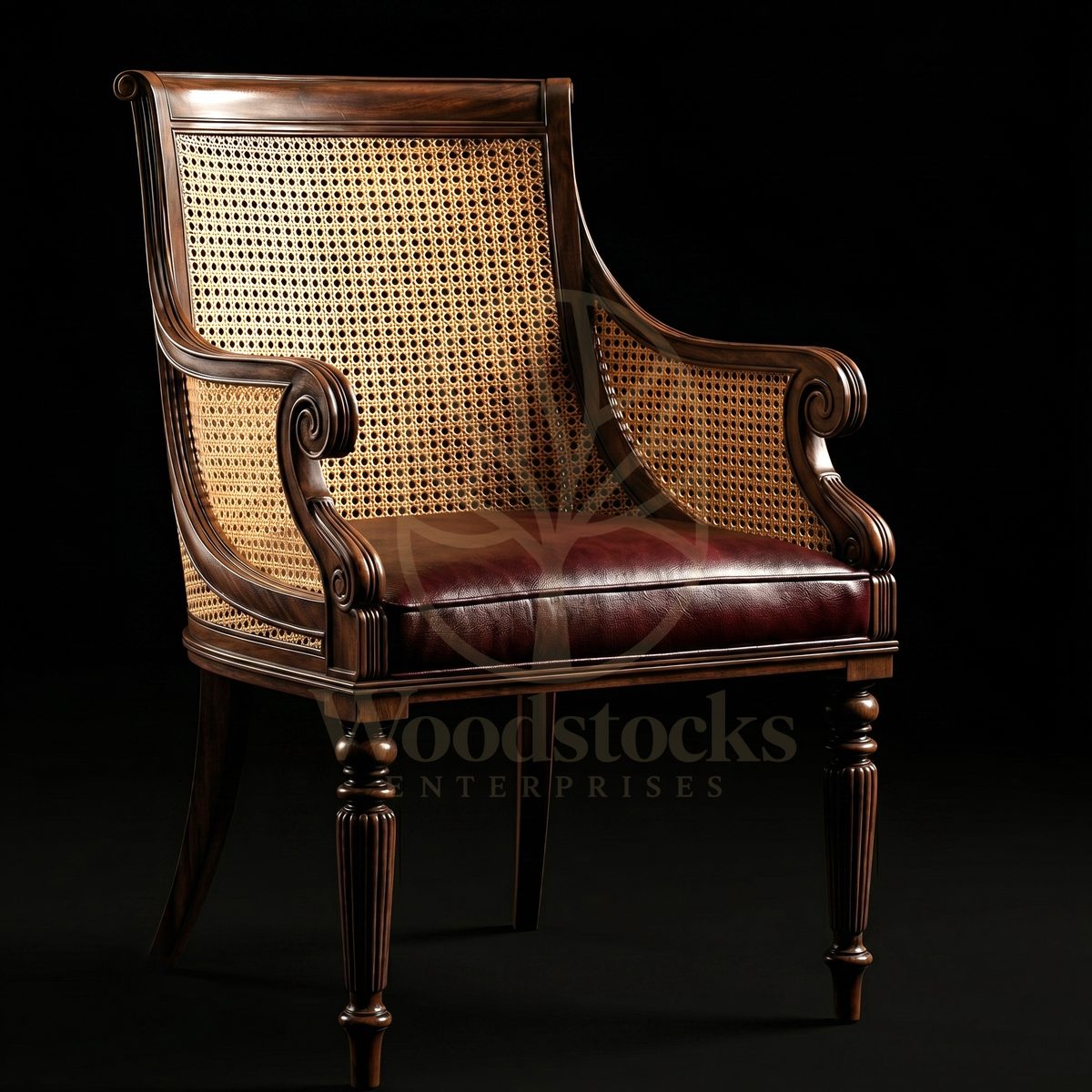 Hand Carved Teak Carlton House Cane Bergère, Saharanpur, Living Room Chair