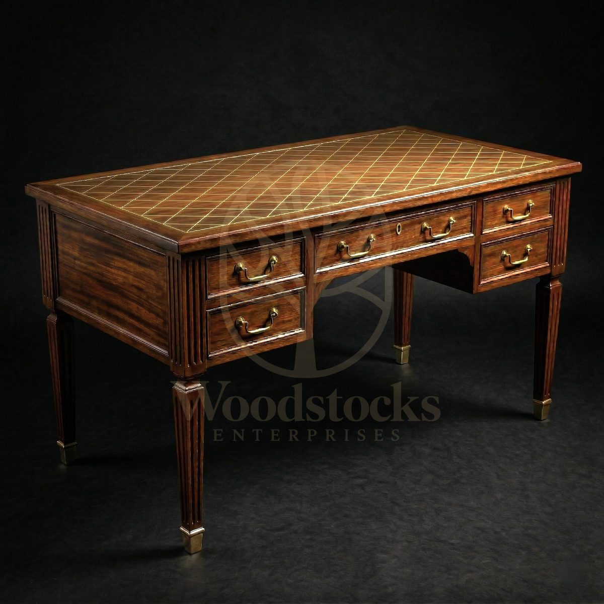 Royal Teak Fontainebleau Brass Inlay Bureau Plat, Saharanpur, Office & Study Table