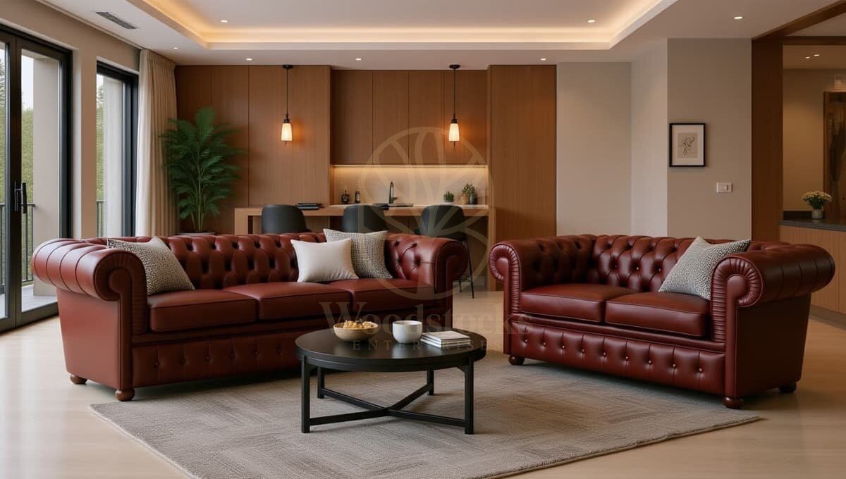 Royal Valentino Brown Chesterfield Hand Carved Teak Sofa Set, Saharanpur, Sofa Set