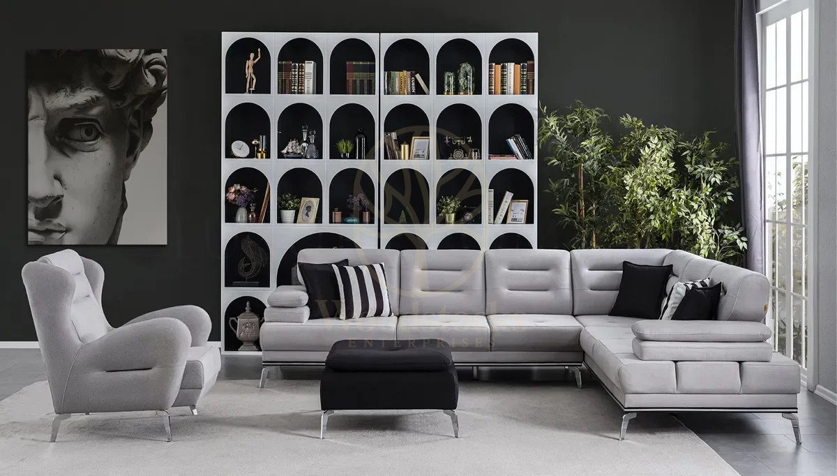 Luxury Calmira Grey Handcrafted Teak L-Shape Sofa, Saharanpur, L Shape Sofa
