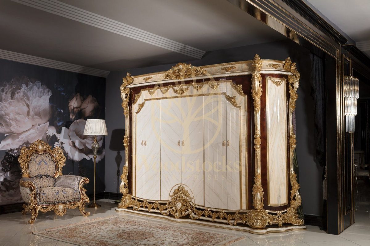 Teak Grand Gold Carved Canopy King Size Bed, view 6