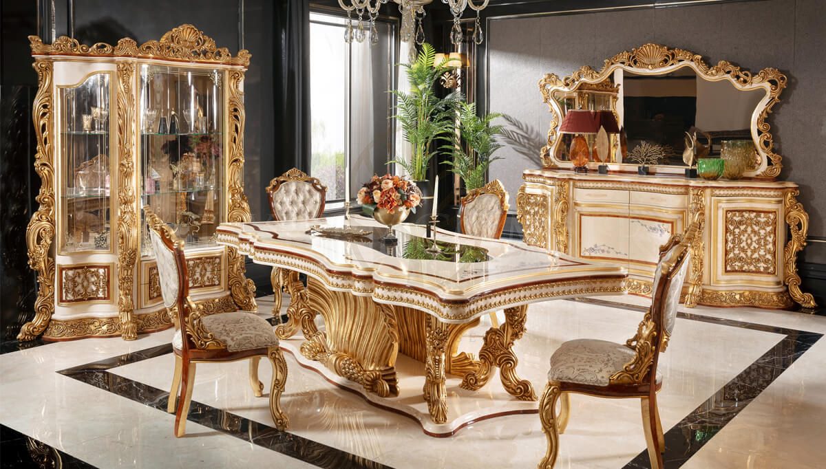 Royal Martinik Gold Leaf Hand Carved Teak Dining Table Set, Saharanpur, Dining Table