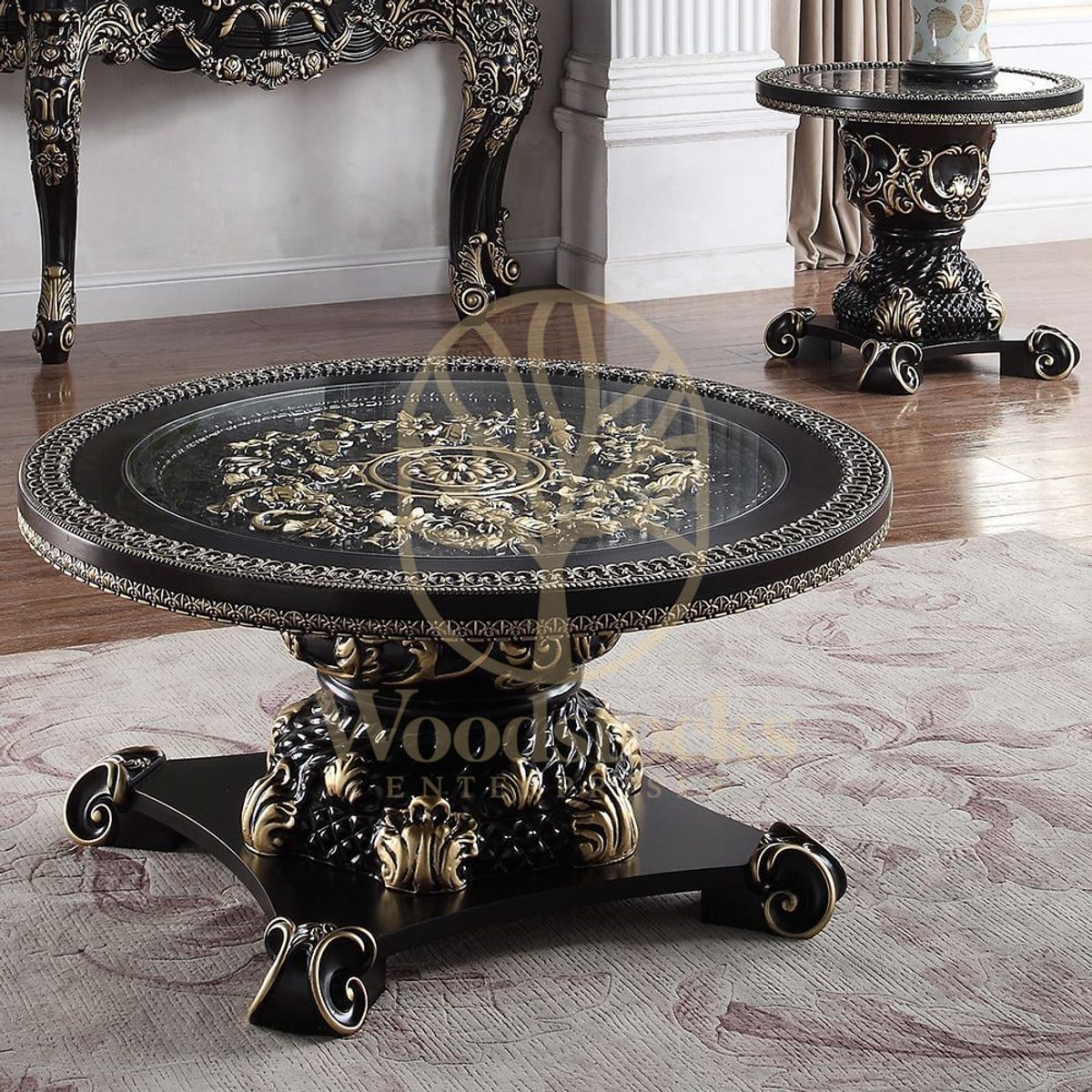 Teak Hand-Carved Antique Gold 3-Piece Coffee Table, view 3